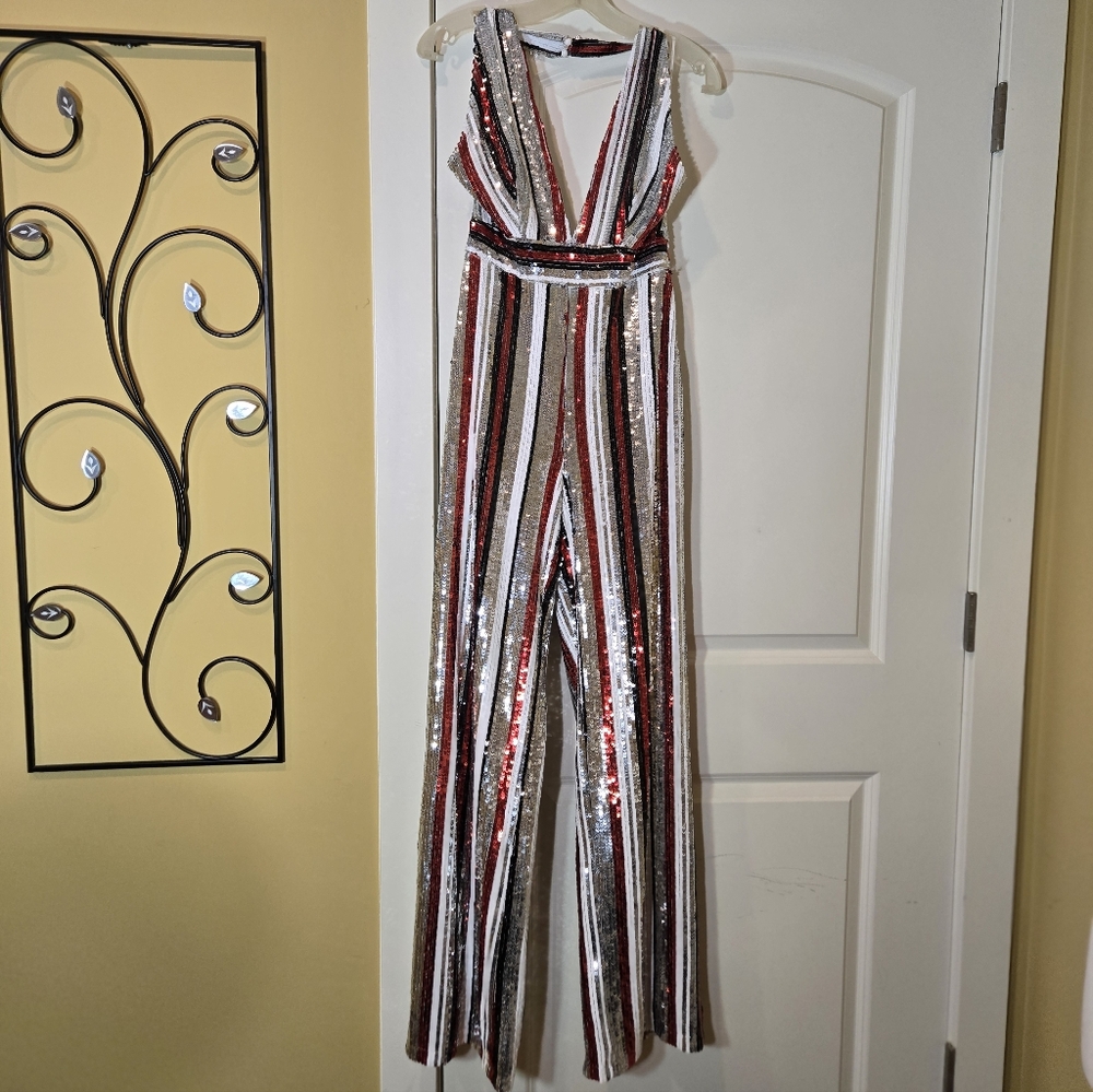 Love Culture Womens Jumpsuit Sz M Red, Black & White Striped, Halter NWT